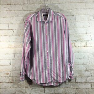 Zara Mens Size 16 Stripe Dress Long Sleeve Button Down Shirt Gray Pink Office